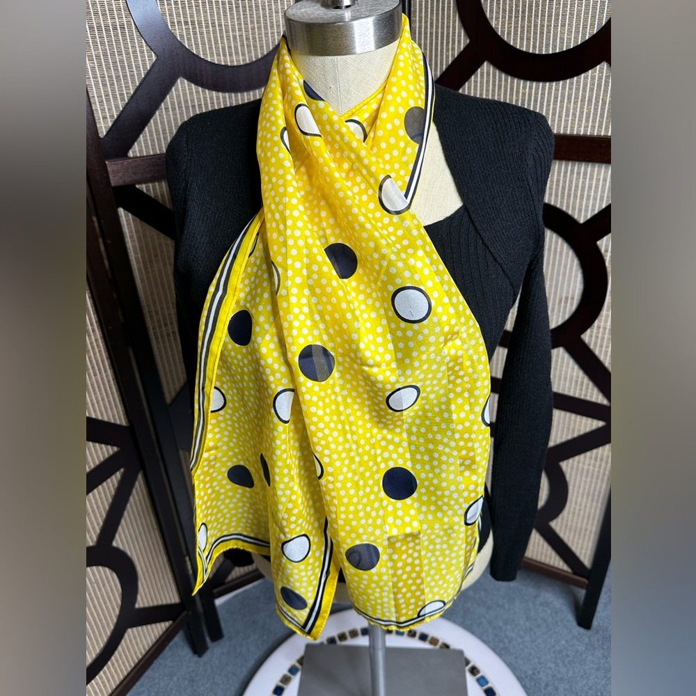 Beautiful vintage yellow with black polkadots silk scarf